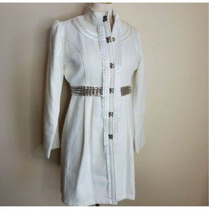 C.C. Couture white winter dress coat prom church bridal bling belt trim buttons
